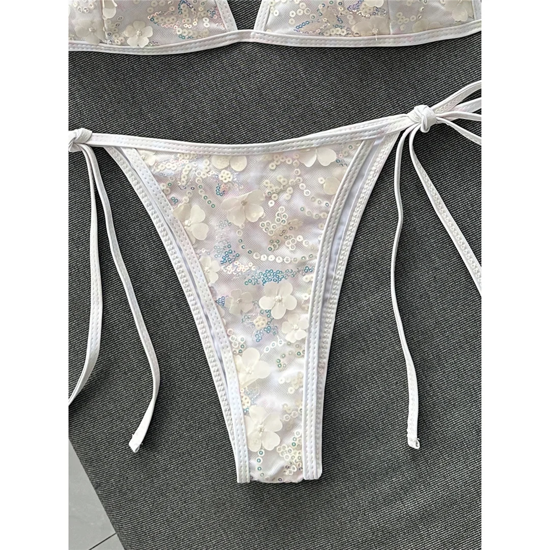 Bedruckter Bikini mit Pailletten, Neckholder-Design, Damen-Badebekleidung, zweiteiliger Bikini, hoher Beinausschnitt, Badeanzug, Badebekleidung, Modell V8237. – Detail 12