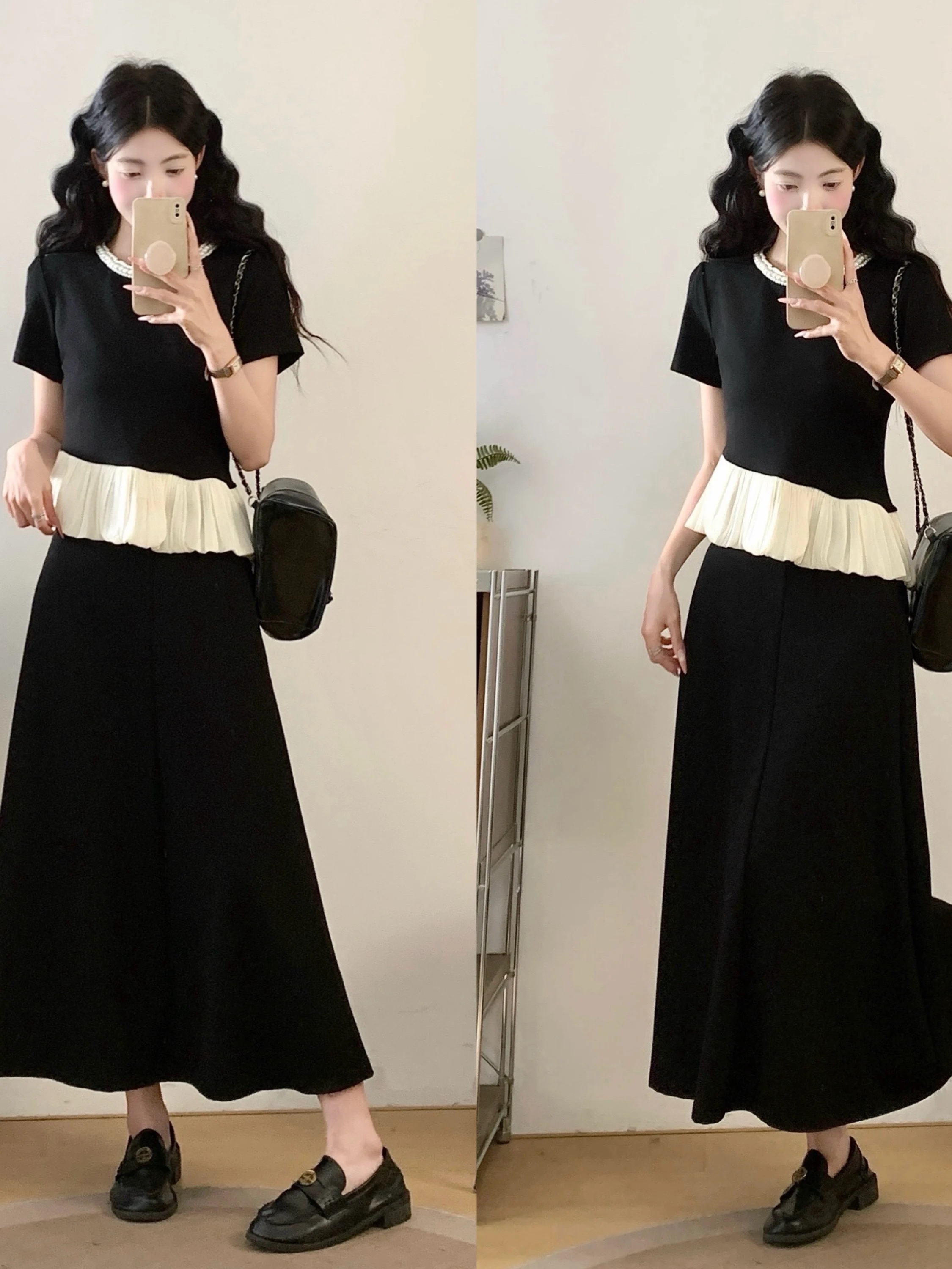 

Elegant plus Size Summer Outfit Women's Black Splice round Neck Short Sleeve Top High Waist Skirt Two Piece Set