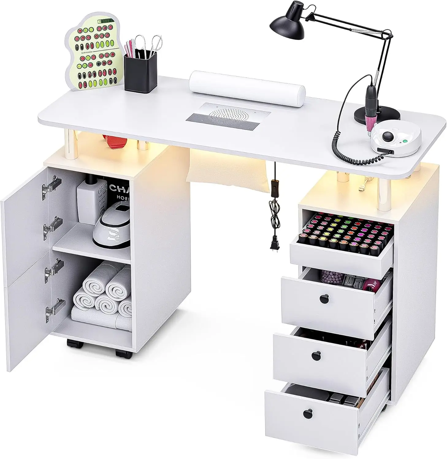 Nail Desk for Nail Tech w/Electric Dust Collector, Rolling Manicure Table w/Lockable Wheels, Storage Drawers, Wrist Cushion, Ace