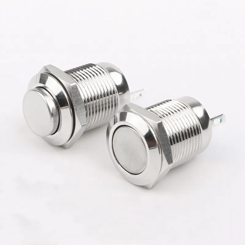 12mm 2Pin Metal Button Switch Latching/Momentary Waterproof and Flame Retardant High/Flat Round Nickel Plated Brass 1Pcs