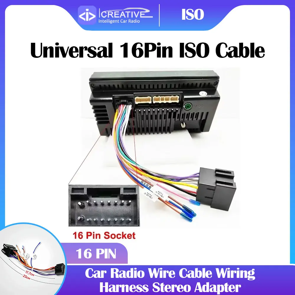 Universal 16Pin ISO Car Radio Wire Cable Wiring Harness Stereo Adapter Male Plug To Female Connector Power Cord Replacement