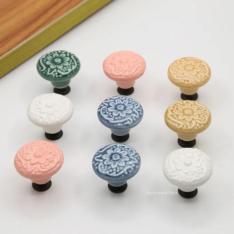 Single Hole Round Ceramic Knob Handle Flower Surface Cabinet Kitchen Door Drawer Handles Dresser Knobs Pulls Furniture Hardware