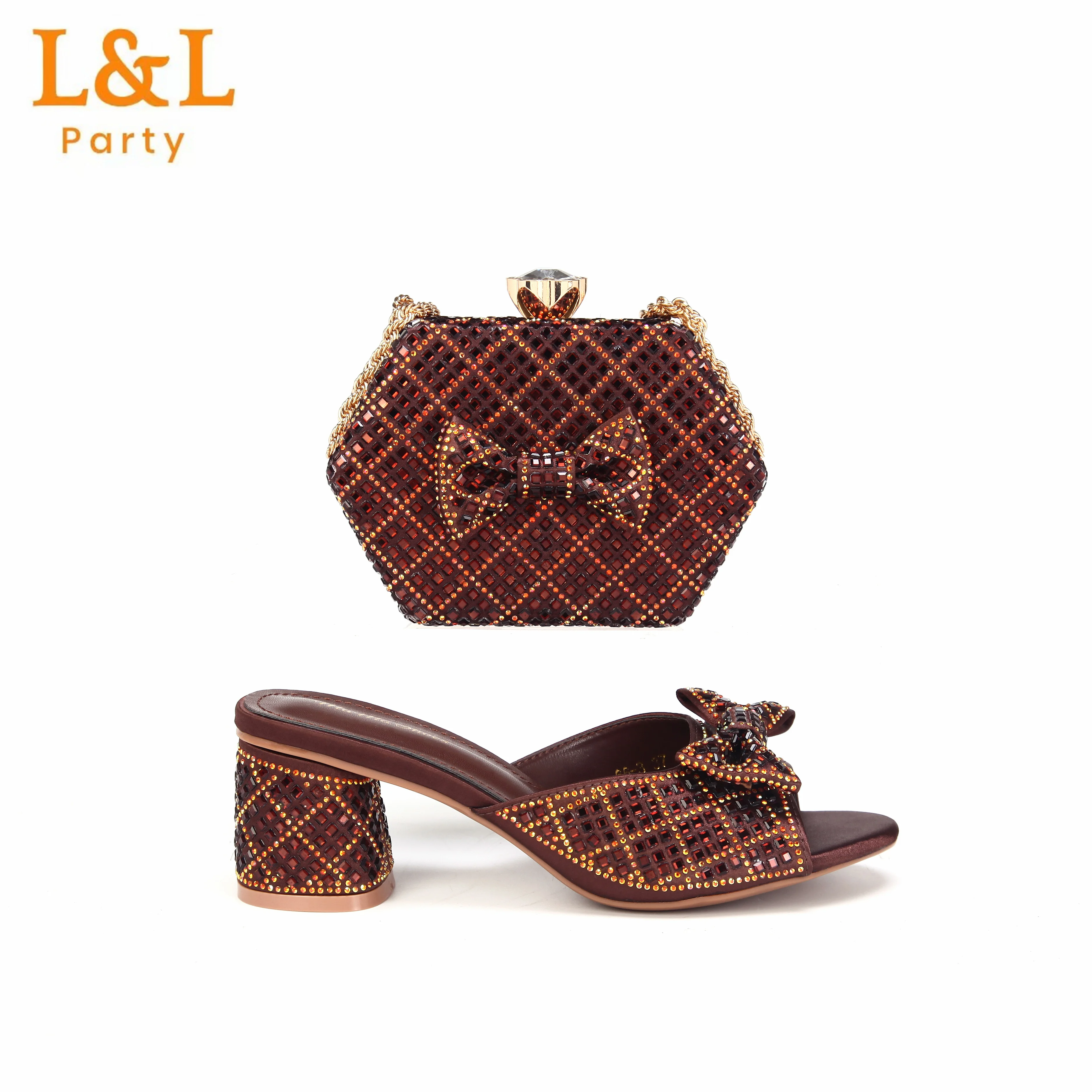 

Новое поступление, женские тапочки на высоком каблуке со стразами, итальянский дизайн, коричневые туфли с открытым носком и сумка, комплект для свадебной вечеринки