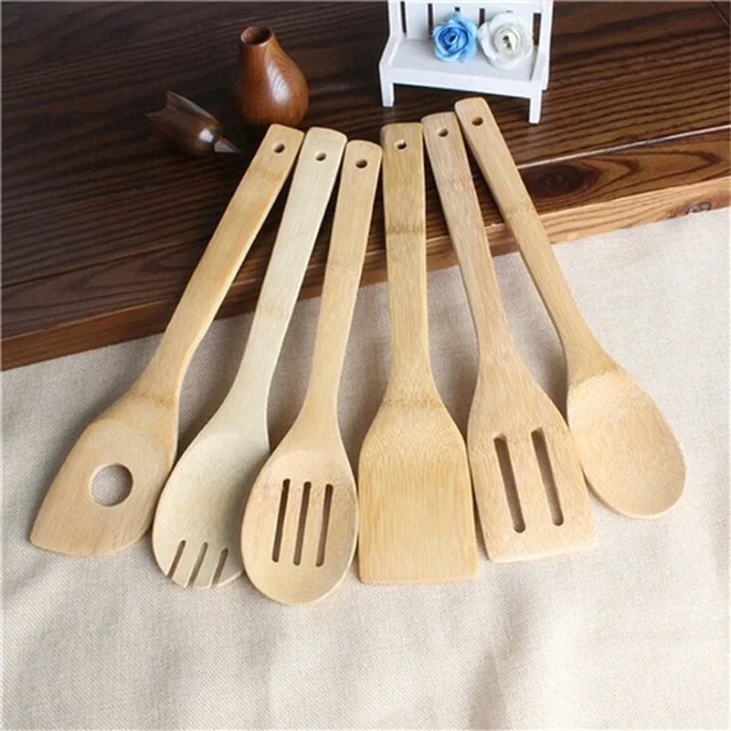 Kitchen Tools 1/6pcs Bamboo Spoon Spatula Kitchen Utensil Wooden Cooking Tool Mixing Set