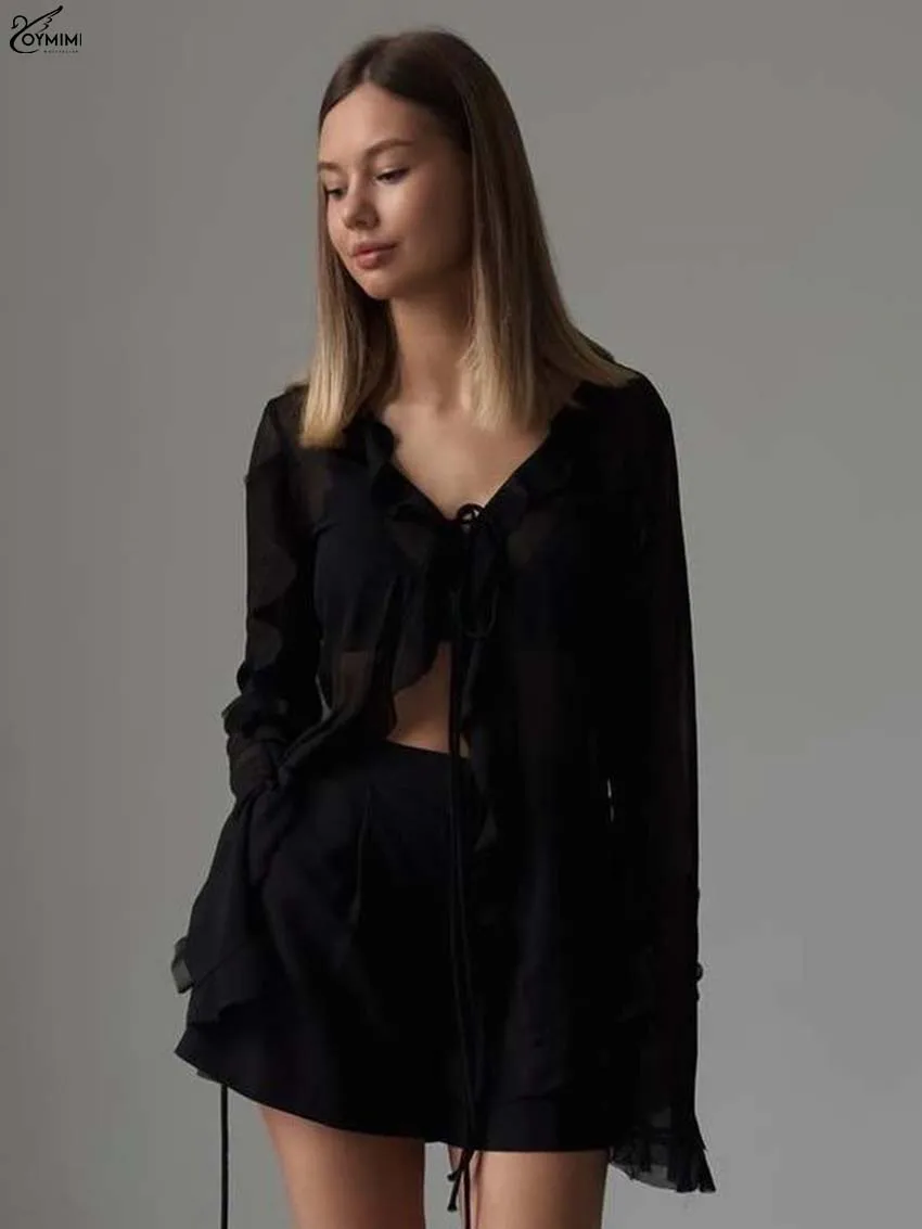 

Oymimi Casual Black Loose Women's Shirt Summer V-Neck Ruffled Long Sleeve Blouses Fashion Lace-Up Solid Shirts Female Clothing