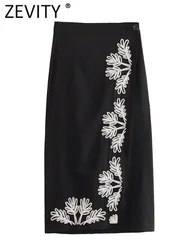 Zevity Women Fashion Side Floral Embroidery Black A Line Midi Skirt Faldas Mujer Female Button Up Casual Slim Vestidos QUN4318