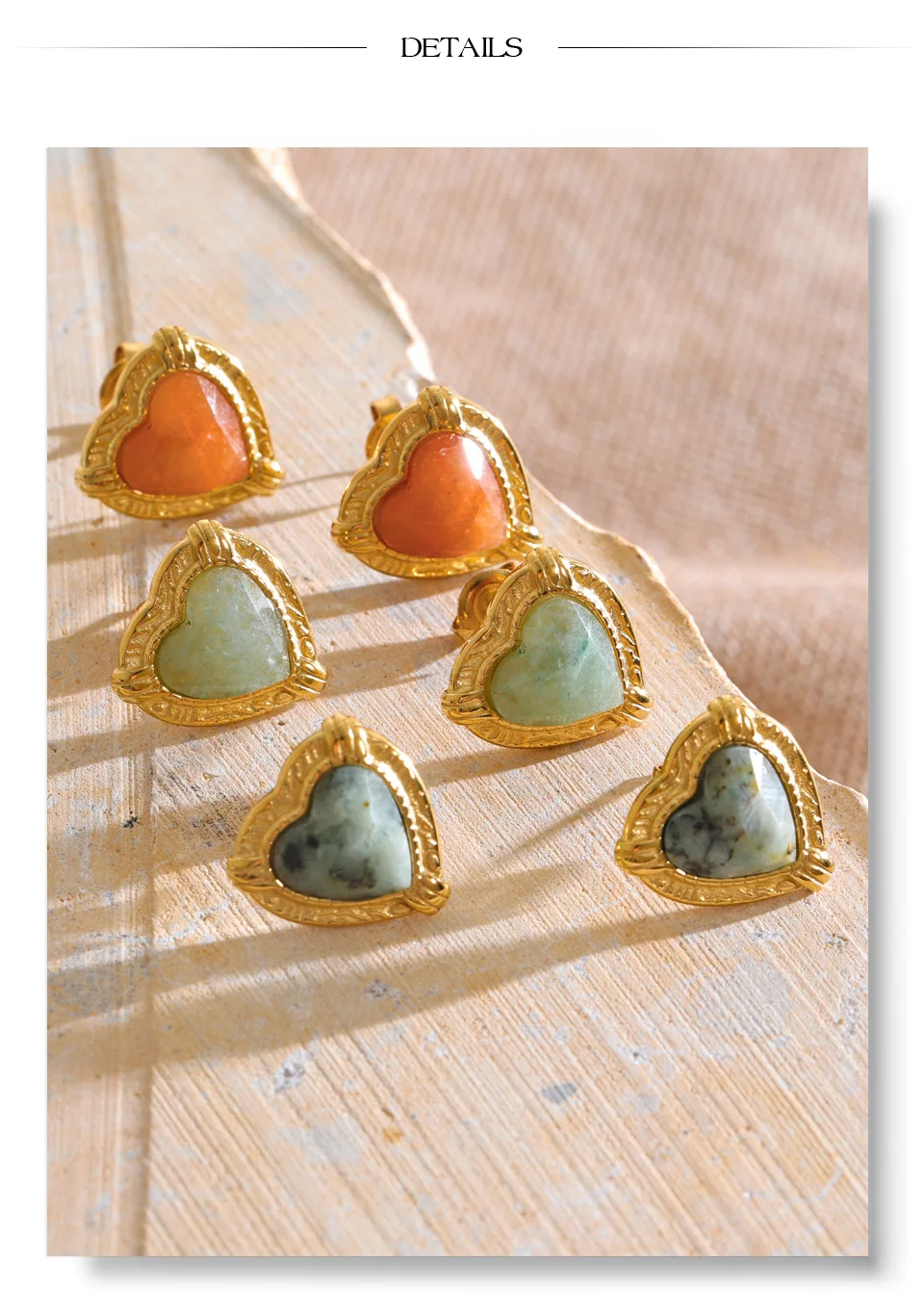 Yhpup Natürliche Türkis-Aventurin-Stein-Herz-Liebes-Ohrstecker Goldfarben Edelstahl-Charm Ästhetischer Schmuck – Detail 9