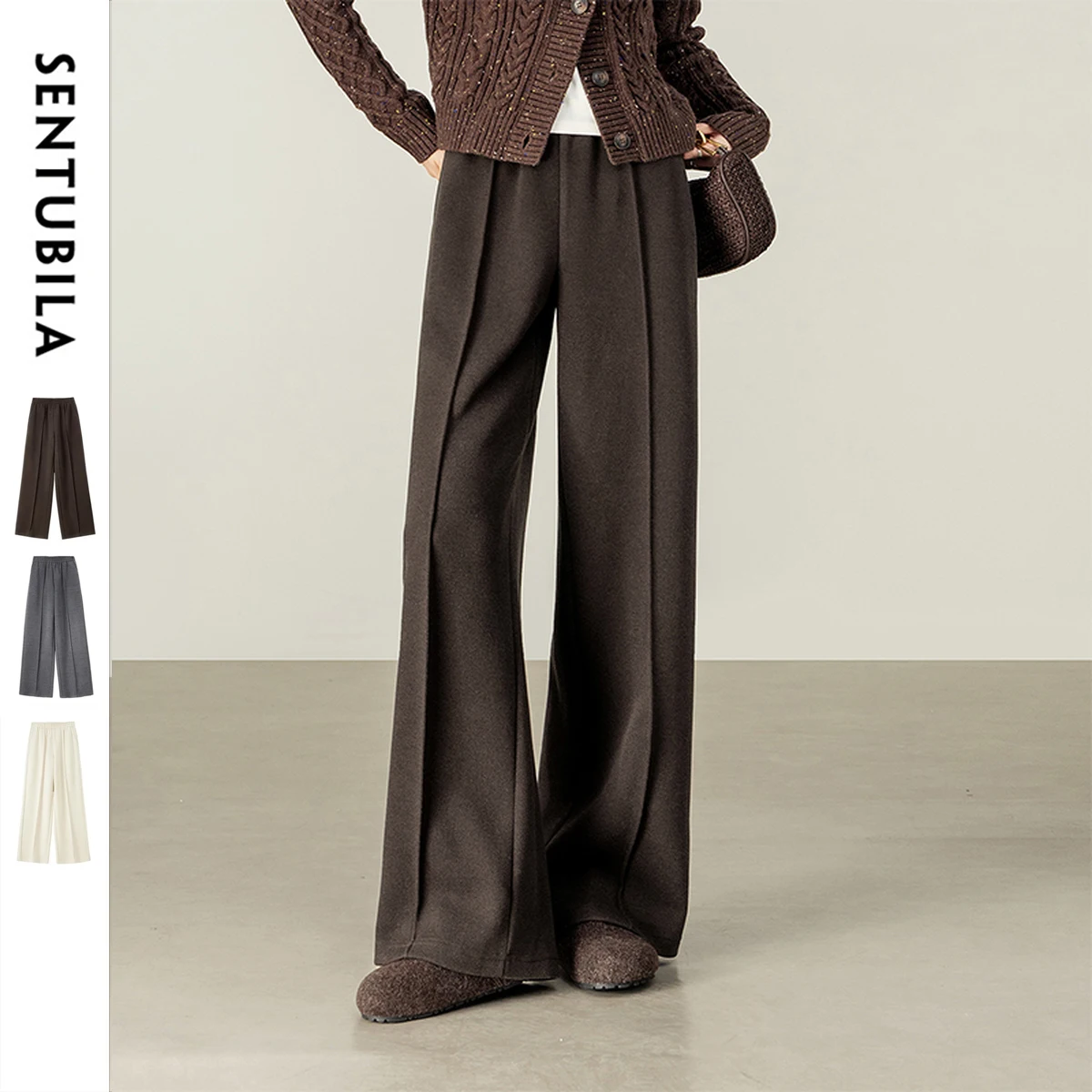 SENTUBILA Knit Sweat Pants for Women 2026 Autumn Winter Acetate Wool Silk Blend Trousers Casual Versatile Bottoms 154K80280