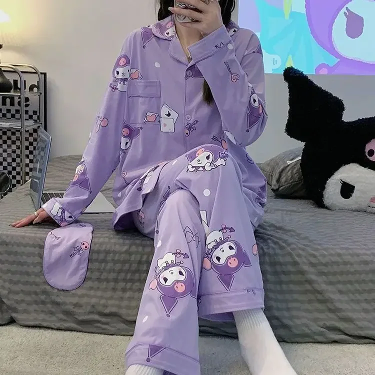 Sanrio Hello Kitty Kuromi Sweet Casual Pyjama Set for Women Spring Autumn Oversize New Matching Pajamas Cute Clothes Xmas Gifts