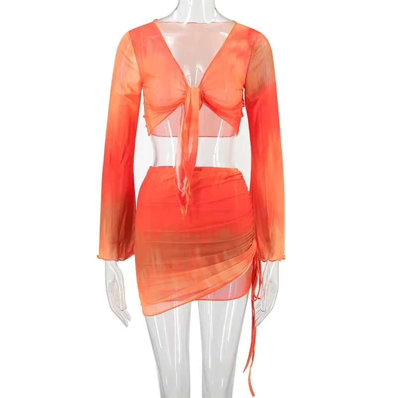 Mode col en v manches évasées cravate colorant hauts Mini jupe costume femmes maille t-shirts à lacets jupes nouvel été femme 2 pièces ensemble tenues