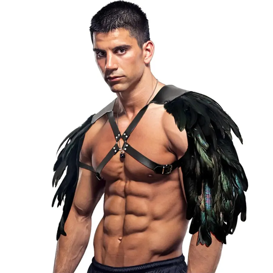 New Men's Cool Trend Sexy Fashion Erotic Leather Black Feather Chest Harness Shoulder Strappy Jacket Nightclub Bar Performance