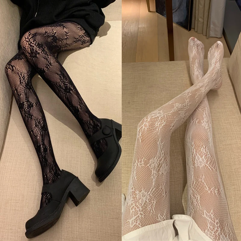 Lolita das mulheres escavar Floral Lace meias arrastão, preto, branco meia-calça, kawaii, gótico Sexy calças justas, frete grátis