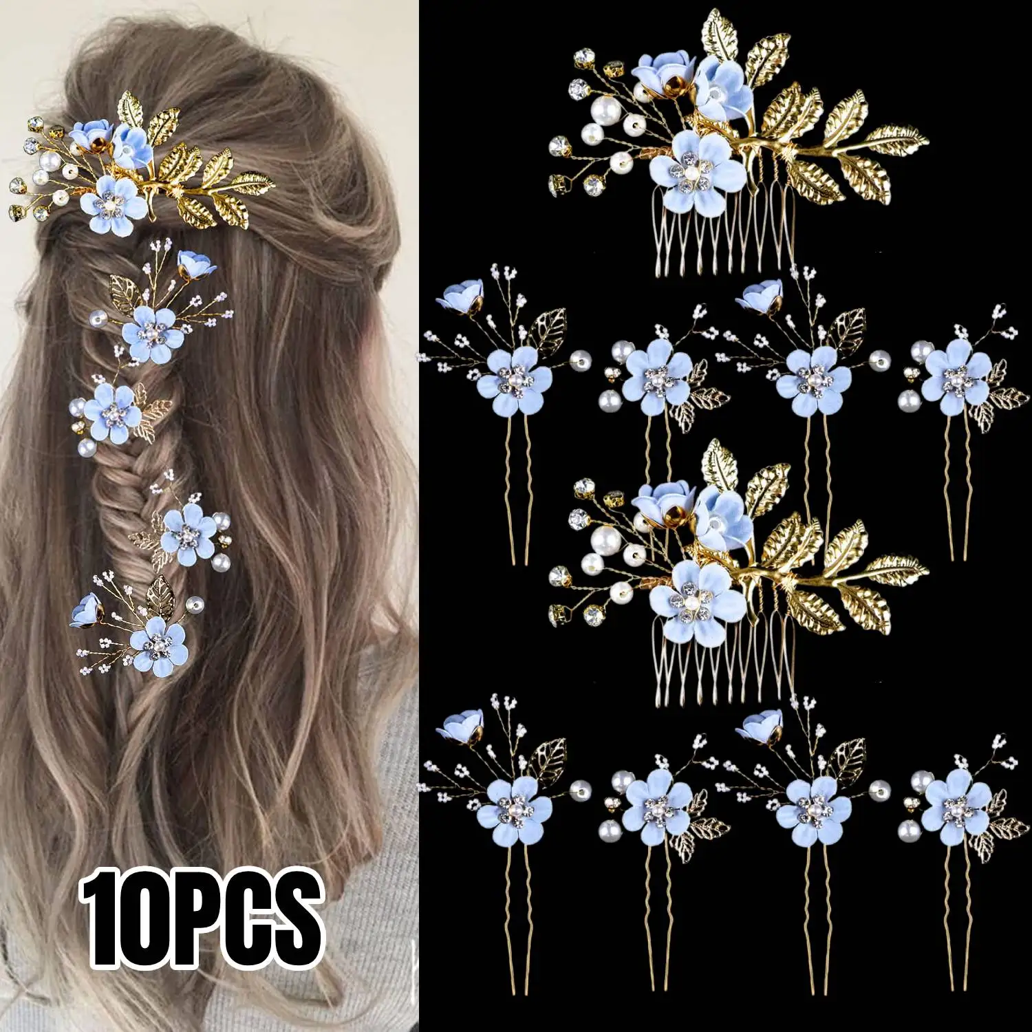 

Набор из 10 элегантных заколок для волос с искусственным жемчугом и цветами, свадебные заколки с цветочными узорами из страз и боковые гребни для волос для свадебных торжеств
