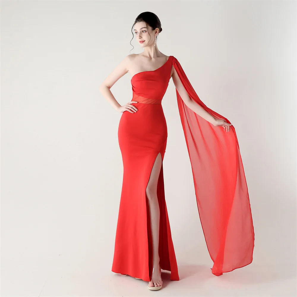 

Single Shoulder Solid Color Women's Dress With Slanted Back Splicing Mesh Evening Skirt For Slimming Banquet Wedding Dresses