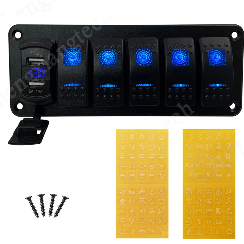 

6 Gang Blue Led Rocker Switch Panel With Dual USB Voltmeter for Cars Trucks Boats RVs Camper Carling ARB Type