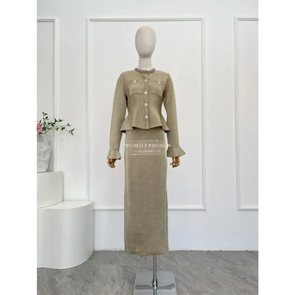 2025, hochwertiges Damen-Midikleid mit goldenen langen Ärmeln und Diamanten und Wasp-Taille