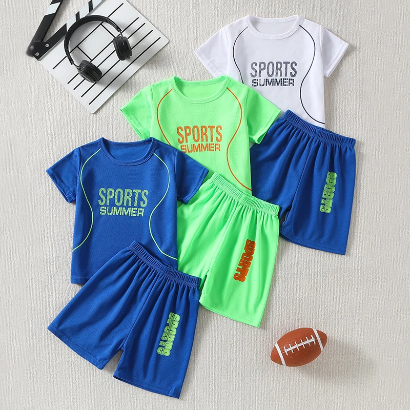 

2-piece summer children's new letter printed quick drying casual suit for boys and girls, sports short sleeved versatile shorts