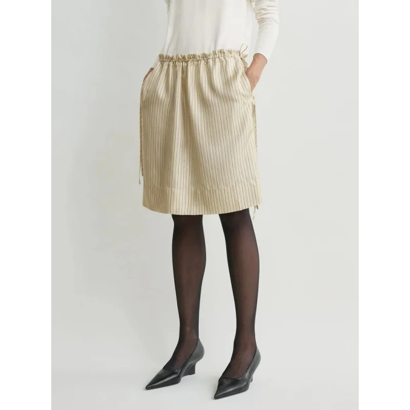 Maxdutti French Minimalist Striped Drawstring Elastic Waist Loose Mini Skirt Commuting Casual Women's Skirt Woman Clothing Falda