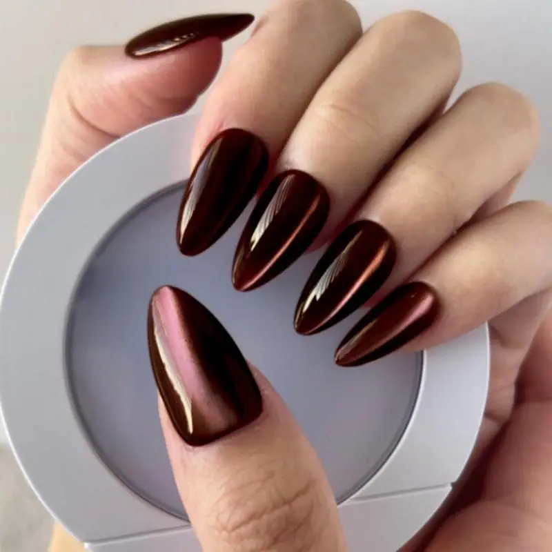 Fake Nails 24Pcs Simple Wine Red Mid-length Almond Press On Nails Easy to Remove for DIY Nail Art Learners