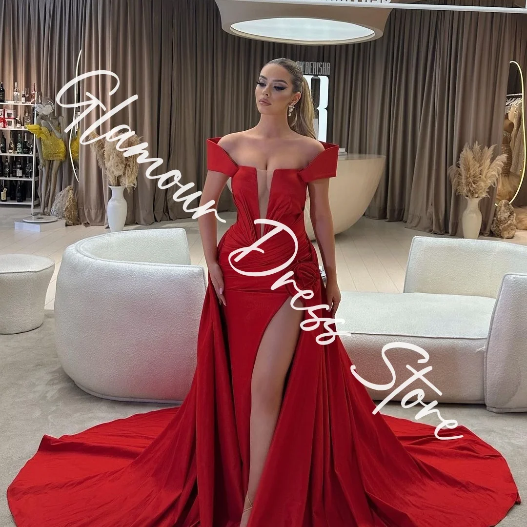 تخصيص أزياء جيرسي مستقيم قبالة الكتف الزهور فساتين السهرة حمالة قطار لوحة حمراء قصيرة الأكمام Pr #5