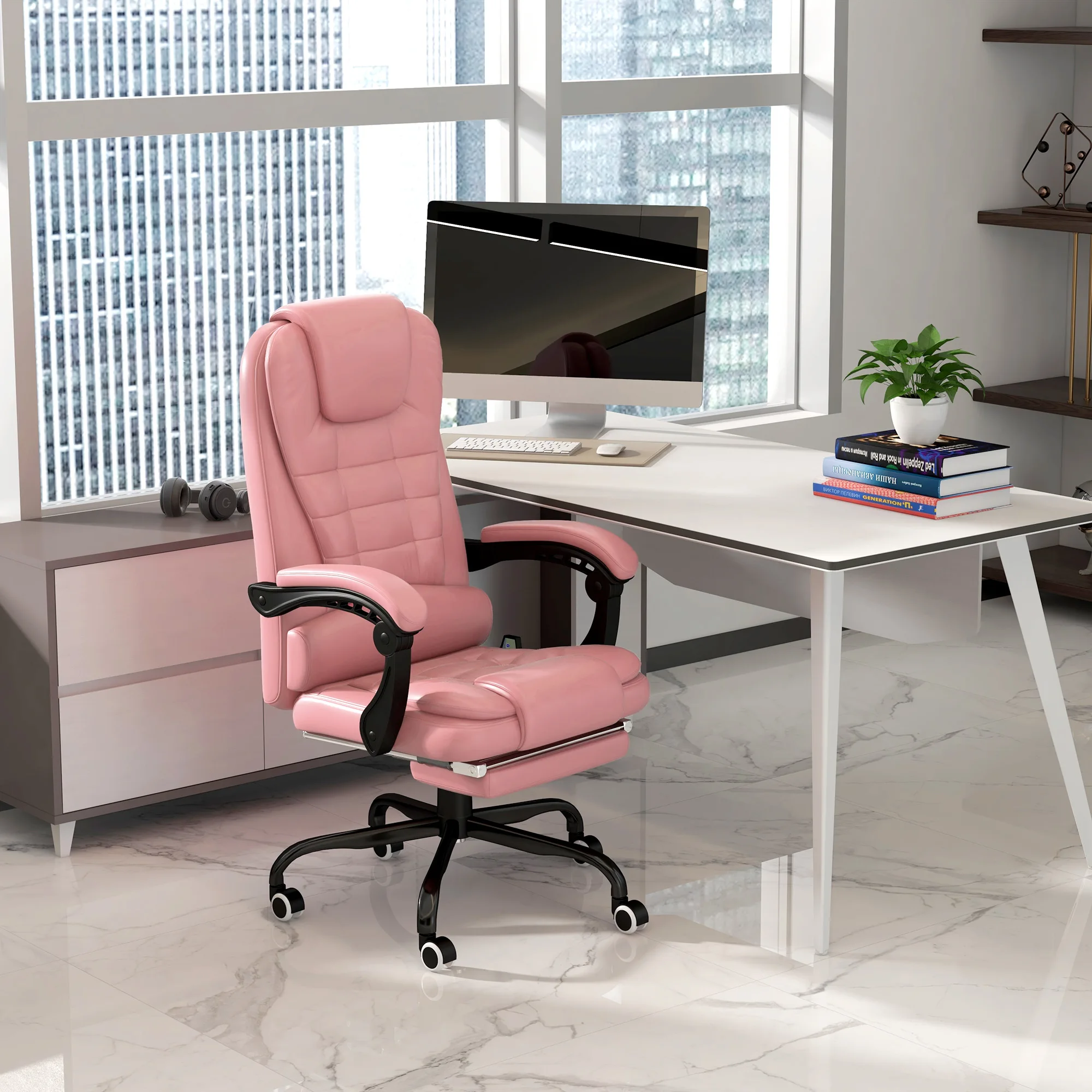 7-Point Vibrating Massage Office Chair High Back Massaging Office Desk Chair with Lumbar Support, Footrest, Pink