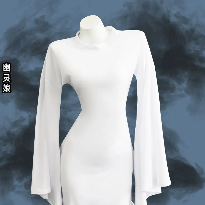 Kostum Hantu Halloween Aprikot Wanita Cross-dressing Cosplay Wanita Dua Arah Slim Fit Gaya Yang Sama