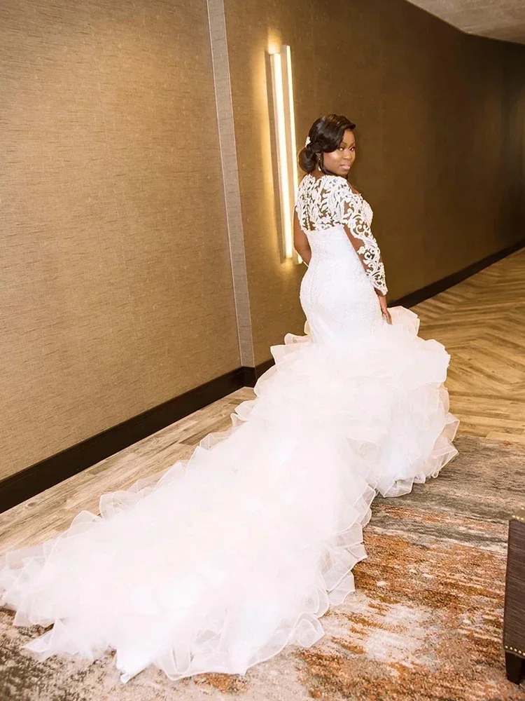 تخصيص ToP بيع طويلة الأكمام كشكش حورية البحر الأفريقية الأورجانزا الخرز شير فستان العروس الدانتيل قطار كبير ثوب الزفاف