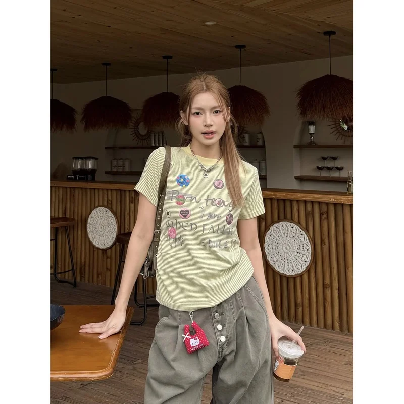 Summer Casual Women's Short Sleeve T-shirt Stripe Letter Print Slimming Top American Retro Shoulder Stripe Trendy Small Audience