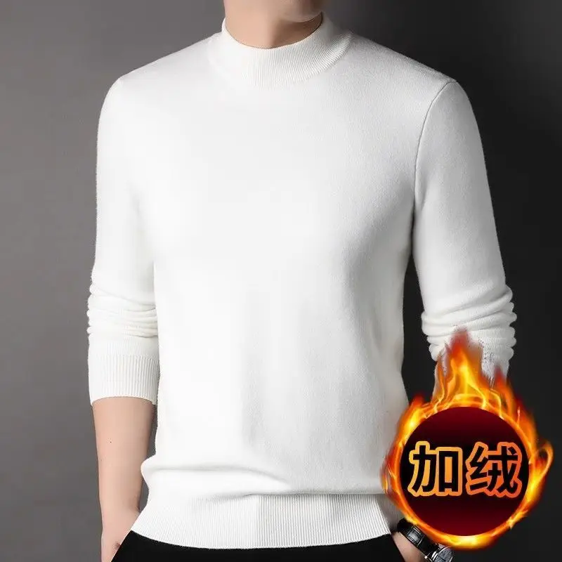 Men's Winter Thick Velvet Pullovers Soft and Warm One-piece Velvet Semi High Neck Slim Fit Solid Color Knitted Base Chic Sweater