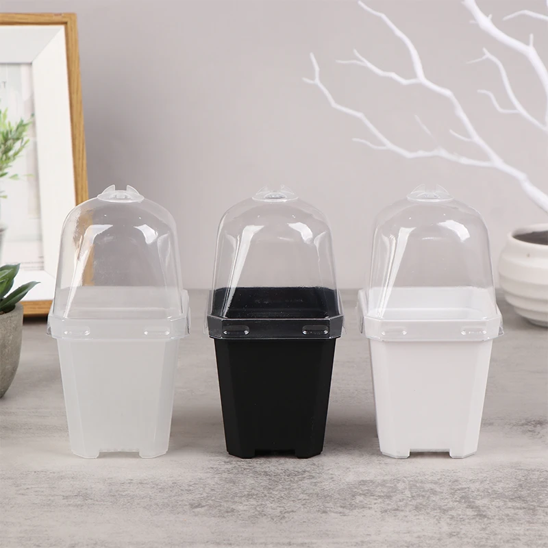 5Pcs Square Small Flower Pot Nursery Pot With Humidity Dome Transparent Gardening Pot Square Flower Starting Pots 3Colors