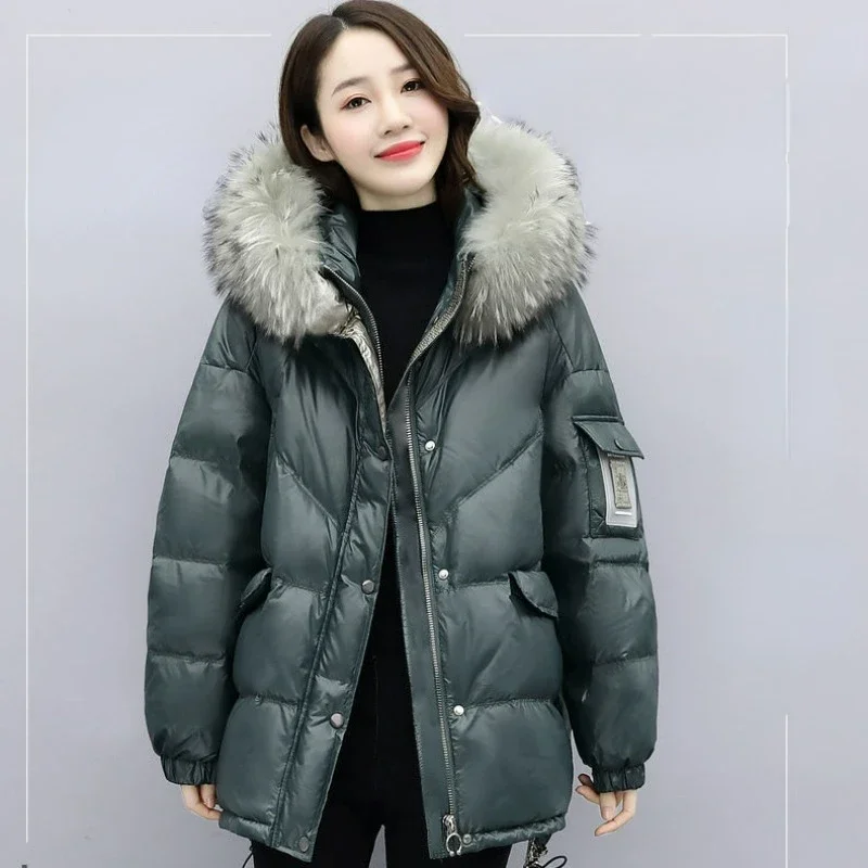 2023 new women down jacket winter coat female loose parkas mid length version outwear large fur collar casual overcoat