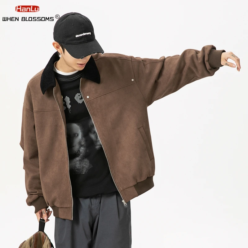 Men\'s Suede Jackets 2024 Autumn Retro Corduroy Lapel Zipper Pocket Windbreaker CoatsLuxury High Quality Y2k Overcoat Streetwear