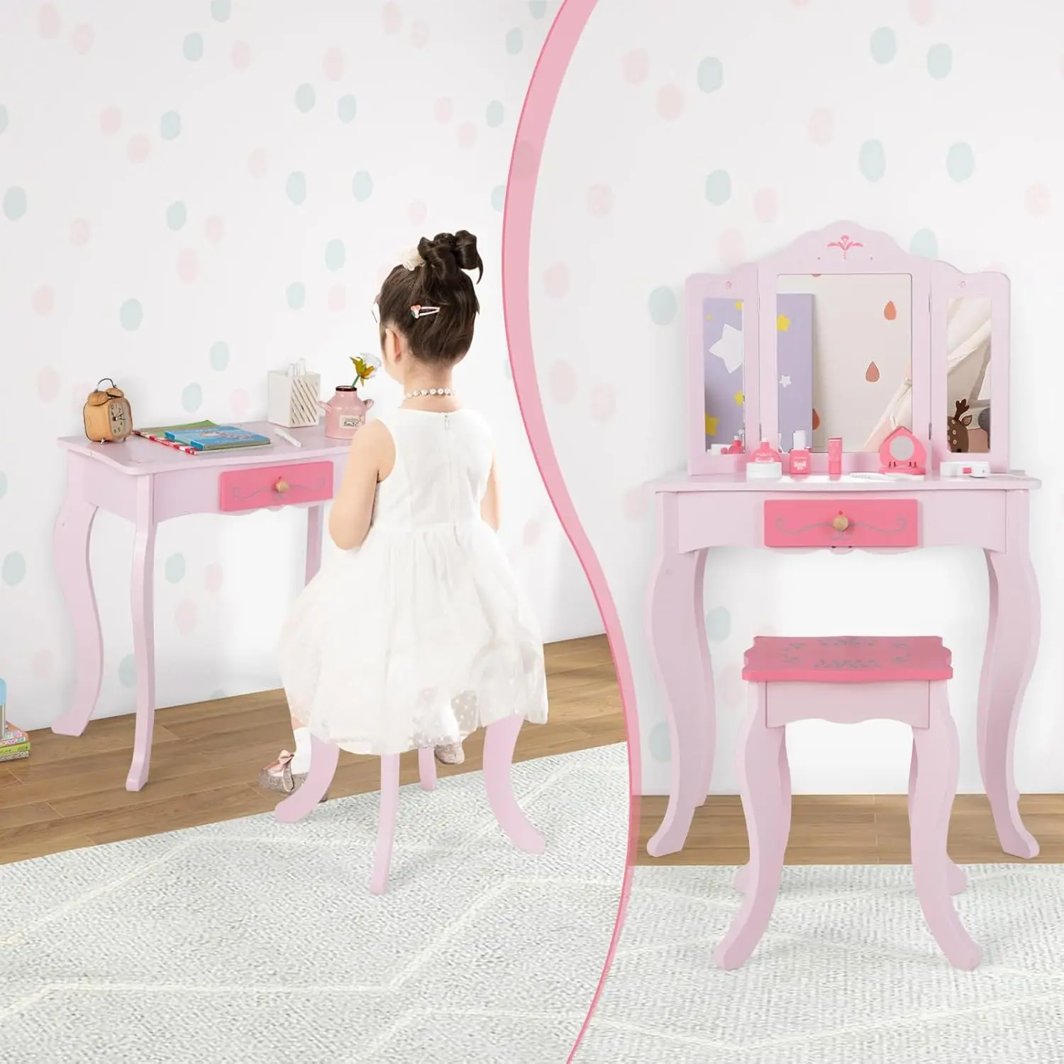 Infans Kids Vanity, 2 In 1 Princess Makeup Table And Chair Set With Tri-Folding Detachable Mirror 10 Accessories Wooden