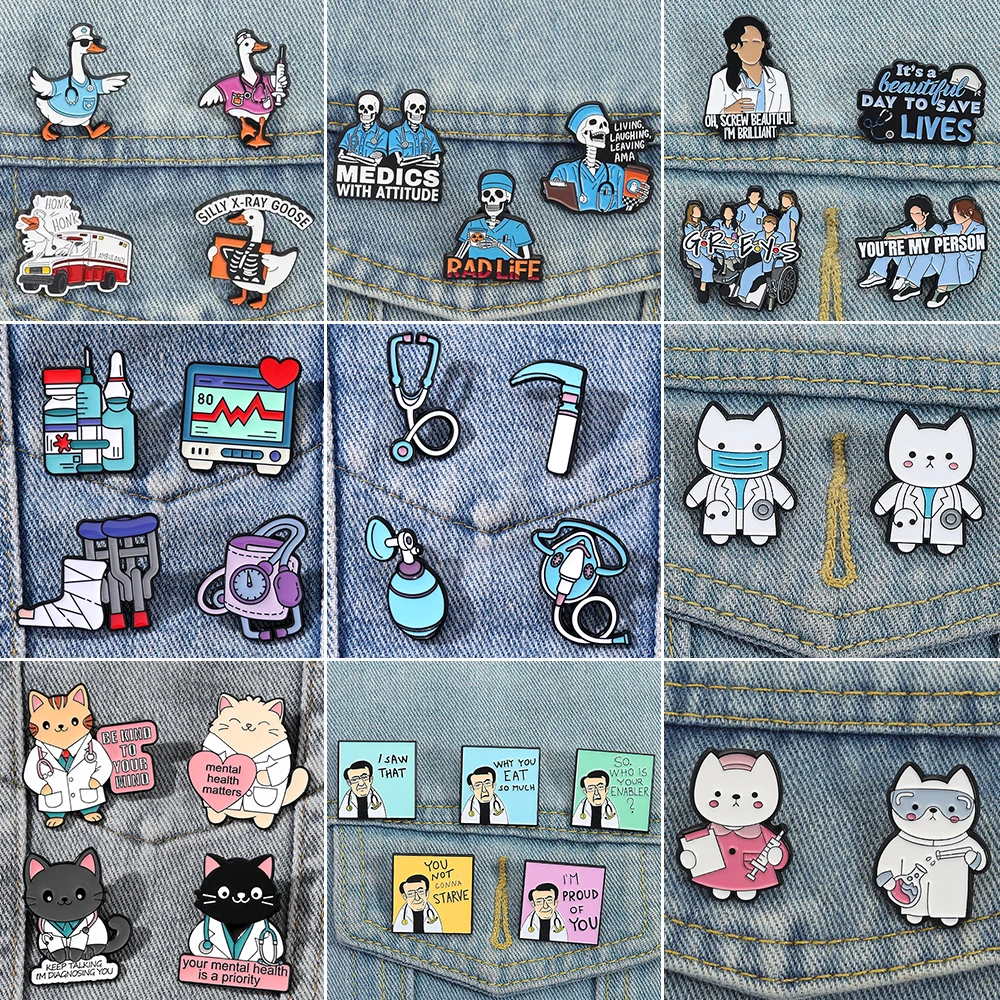 2-5 Pcs Medical Enamel Brooches Cat Doctor Pins Animal Nurse Clothes Medical Device Skull Pill Organ Teeth Cartoon Badge Jewelry