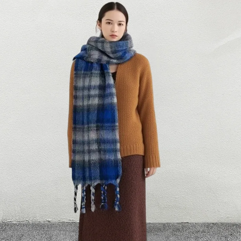 

2025new high-end mohair blue checkered women'sWool blend scarf a must-have for winter atmosphere warm tassel draped over a shawl