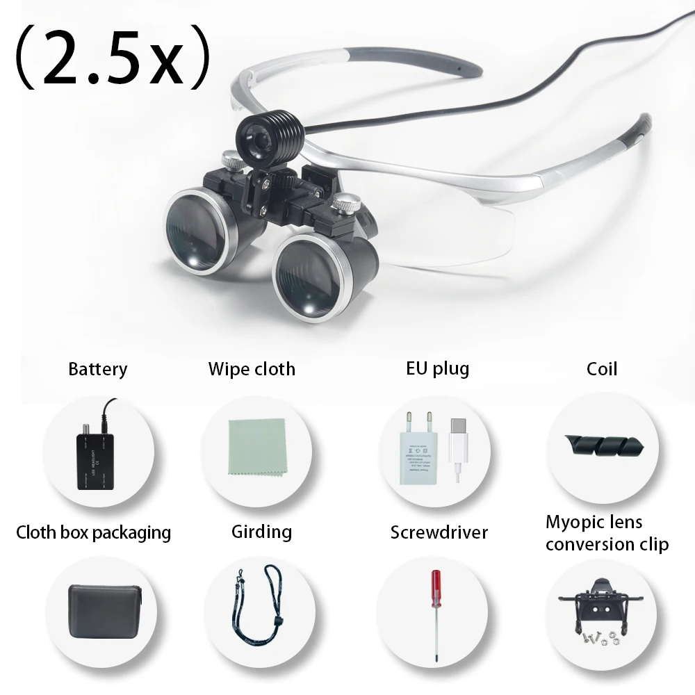 Zahnmedizin-Fernglaslupe, 2,5 x 3,5 x, ultraleichte optische Lupen, 320–420 mm Lupe für Zahnchirurgie