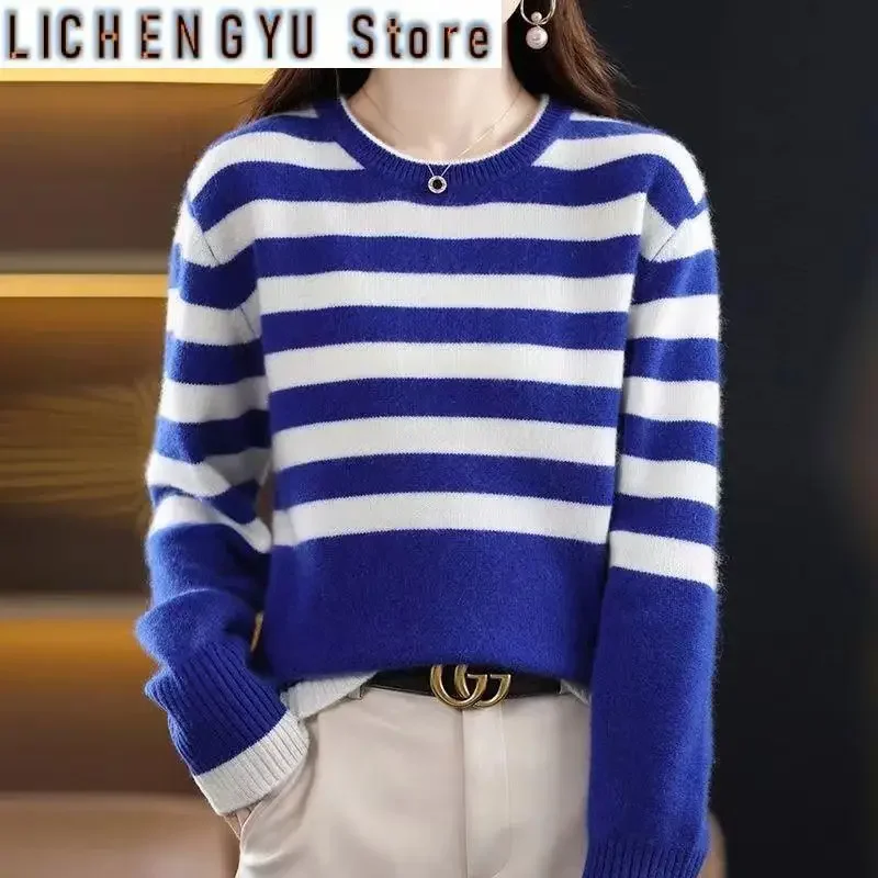 New Autumn Winter Fashion Lazy Style Colorblock Stripe Round Neck Loose and Versatile Western Style Slim Women's Sweater