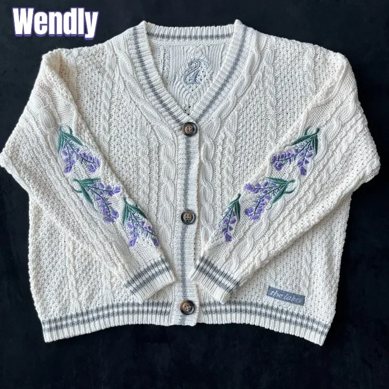 

Purple Flowers Cardigan Women Vintage Wisteria Embroidered Knitted Cardigan Female 2024 Autumn Winter Sweater Folklore Girl Tops