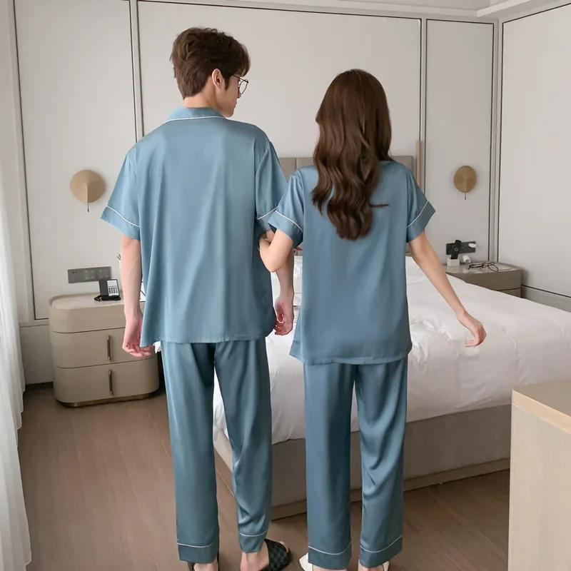 New Couple Fashion Short Sleeve Long Pants Cozy Ice Silk Pajamas Men's and Women's Relaxation Loose Soft Home Furnishing Set