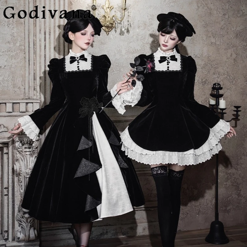 

Original Gothic Velvet Long Sleeve Dress Autumn Winter New French Elegant Court Retro Long Dress Women's Slim Fit Lolita Dress