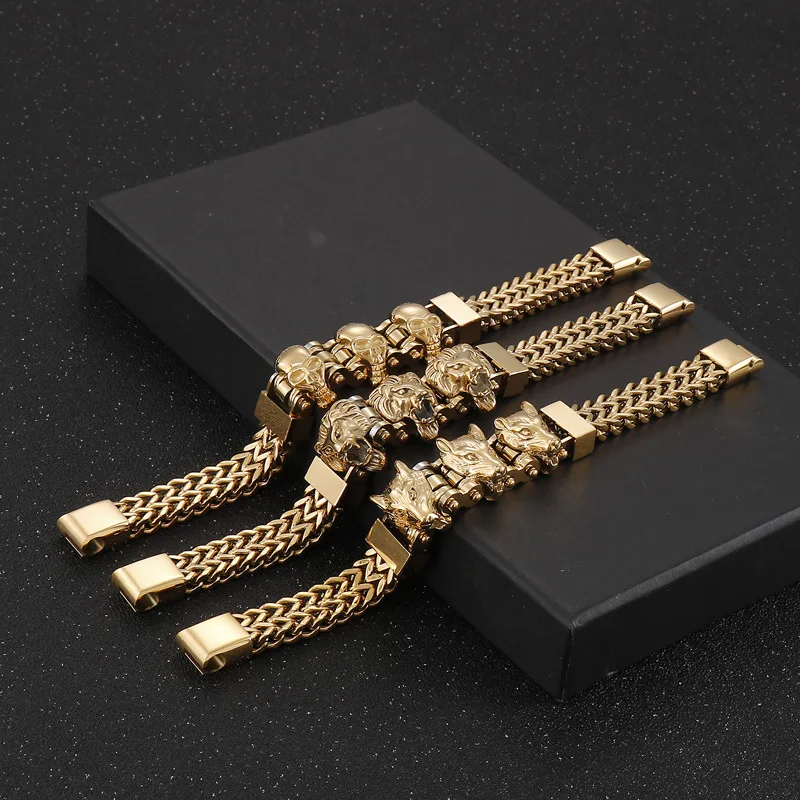 

12mm Punk Gold Color Double Mesh Chain Viking Wolf Bracelet Men Women Hiphop Rock Black Stainless Steel Bike Lion Bangle Jewelry