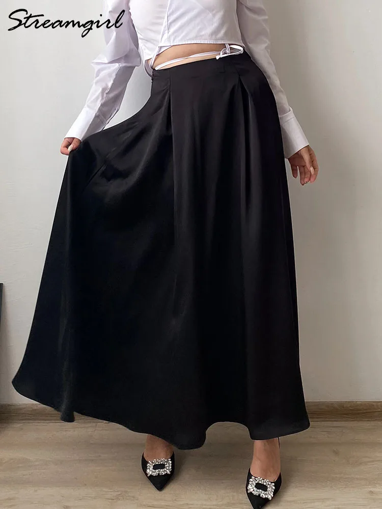 Streamgirl Satin Long A Line Skirts For Women High Waisted Elegant Black Maxi Skirt Satin Silk Office Women Beige Long Skirts