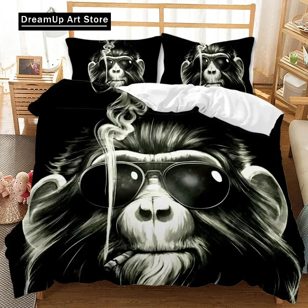 Exquisite Monkey Duvet Cover Gorilla Head Bedding Set Boys Teens Red Hat Comforter Cover Wild Animal Polyester Quilt Cover Queen
