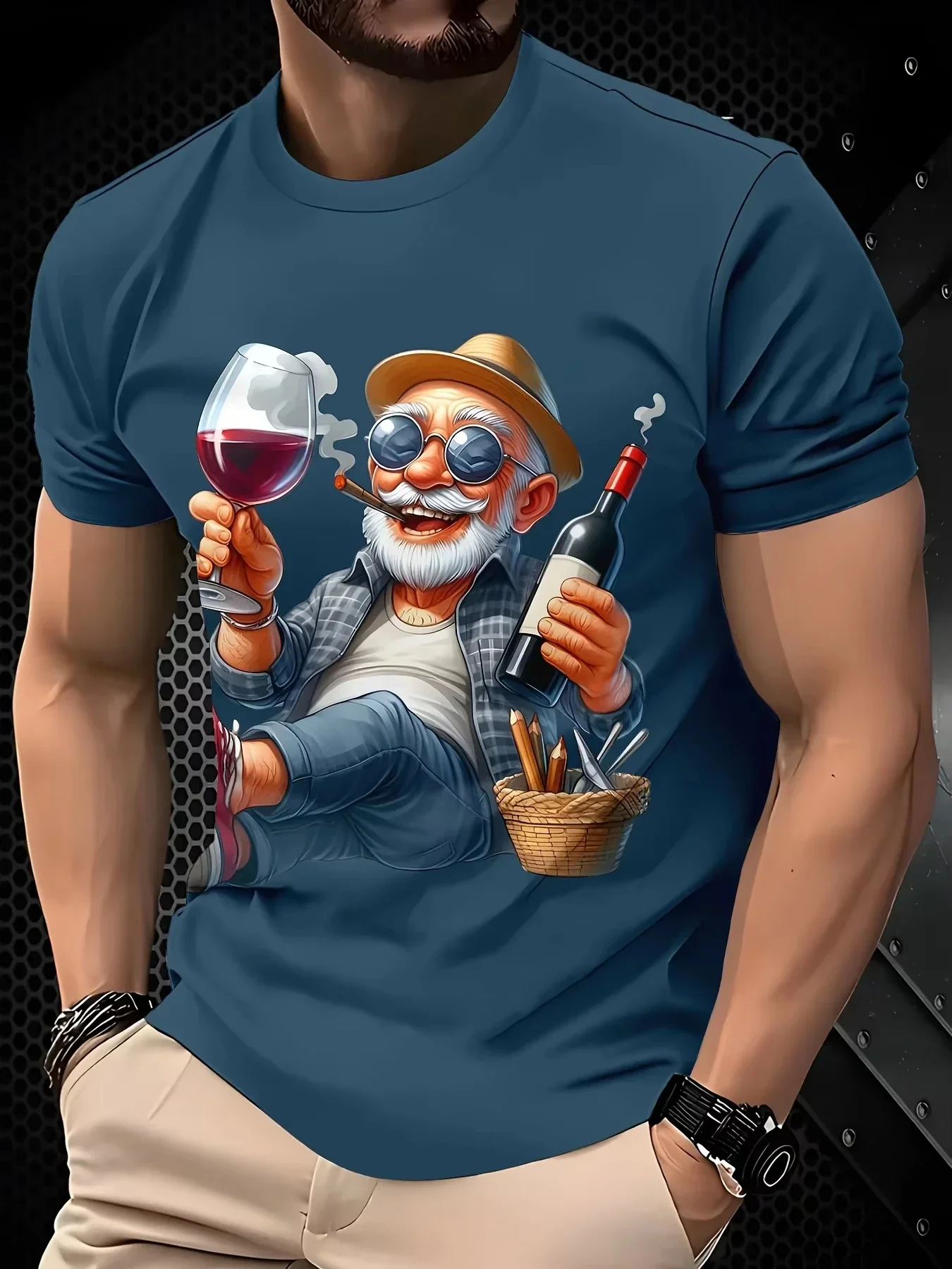 Fashion New Men's Wine Lover Old Man Print T-shirt casual Crew Neck Short Sleeve Funny Casual Streetwear Tops