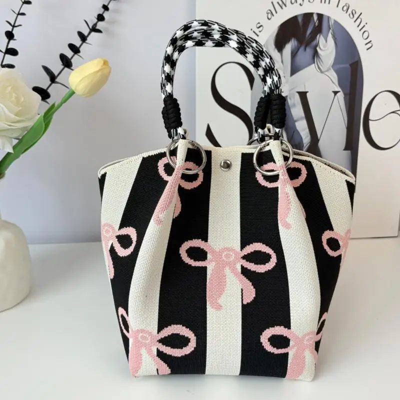 Knitted Women Tote Bag With Stylish Print Sturdy Handle For Daily Commute Work Shopping Outings