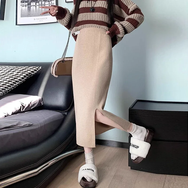 Knitted Midi Skirts Women Autumn Winter Side Slit A-line Faldas High Waist Simple All-match Daily Temper Attractive Ulzzang 2024