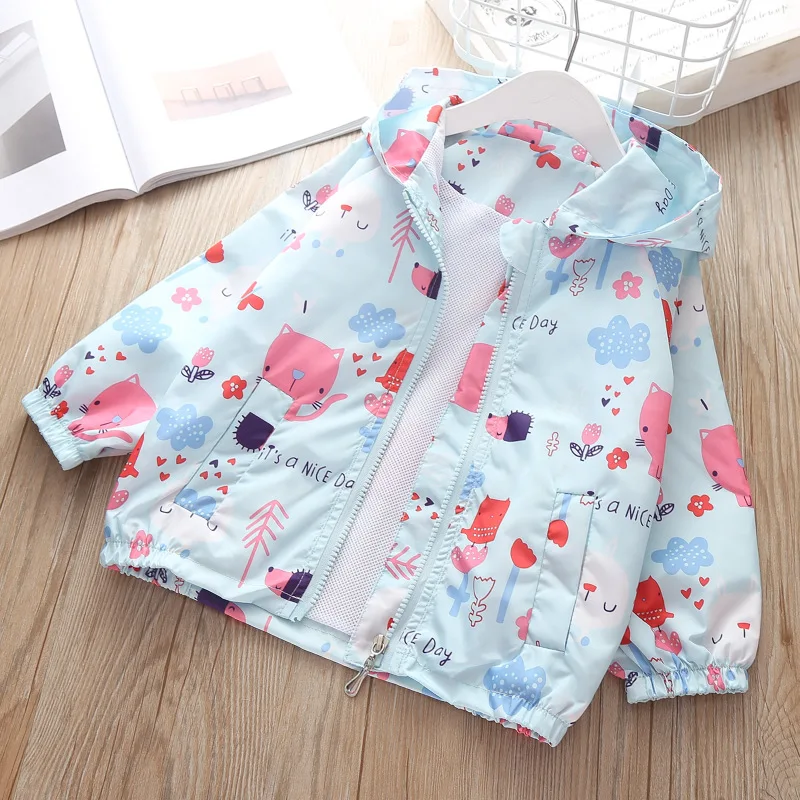 2024 New Spring Summer Kids Windbreaker Jacket For Girls Fashion Trench Coat Cute Cartoon Hooded Children Outwear Clothes