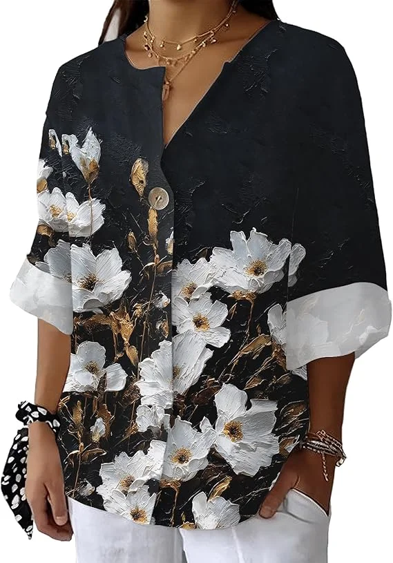 

Women's bohemian short sleeve floral work shirt women's formal casual V-neck loose flowy top shirt