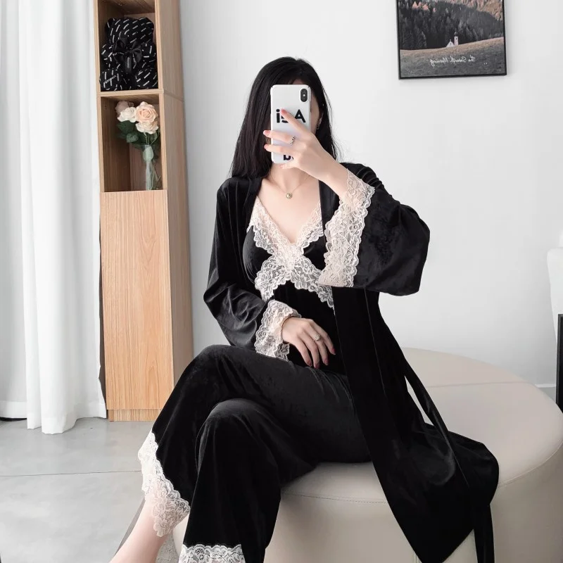 New Autumn Velvet Sling Three-piece Set Pajamas Lace Trim Bath Robe Nightgown Loose Casual Velour Solid Home Clothes