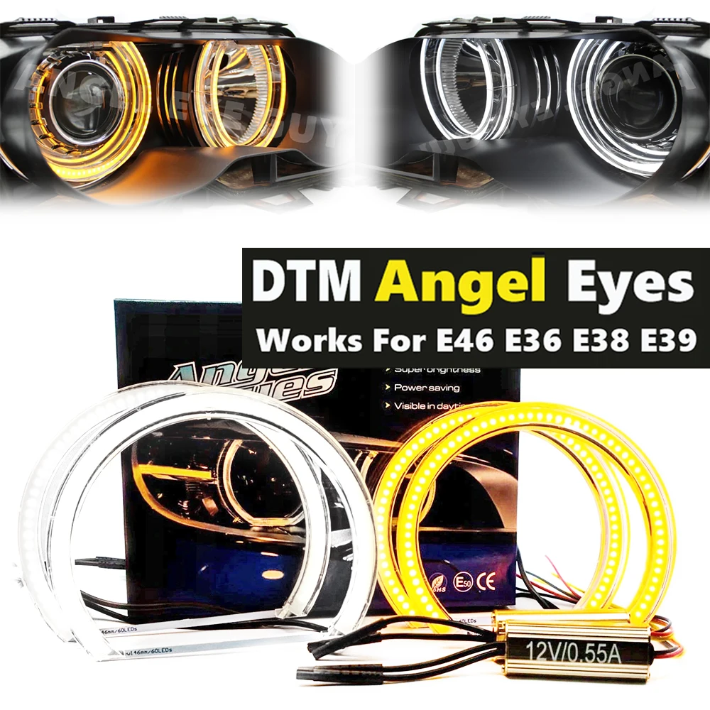 

4Pcs DTM LED Angel Eyes For BMW E46/E39/E36/E38 Halogen Xenon Headlight Crystal Switchback Halo Lights Daytime Running Lights